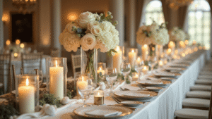 White Wedding Decor: How to Create an Elegantly Monochromatic Celebration That Doesn't Feel Sterile Cinematic overhead shot of an elegant white wedding reception table with ivory linens, tall glass vases of white flowers, flickering candles, and soft golden hour lighting creating a romantic ambiance.