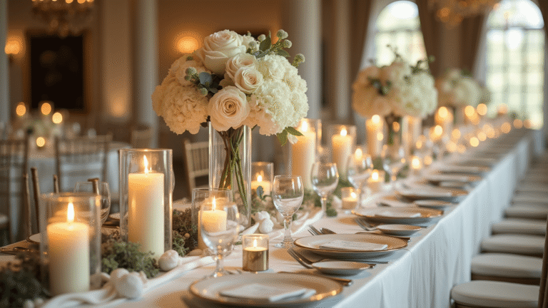 White Wedding Decor: How to Create an Elegantly Monochromatic Celebration That Doesn't Feel Sterile Cinematic overhead shot of an elegant white wedding reception table with ivory linens, tall glass vases of white flowers, flickering candles, and soft golden hour lighting creating a romantic ambiance.