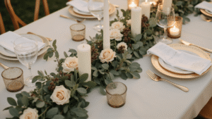 Eucalyptus Wedding Table Decor: The Greenery Game-Changer That'll Make Your Reception Unforgettable Elegant wedding reception table adorned with a lush eucalyptus garland, cream and blush roses, ivory candles, and gold-rimmed china, captured in warm golden hour light, creating a romantic and sophisticated atmosphere.