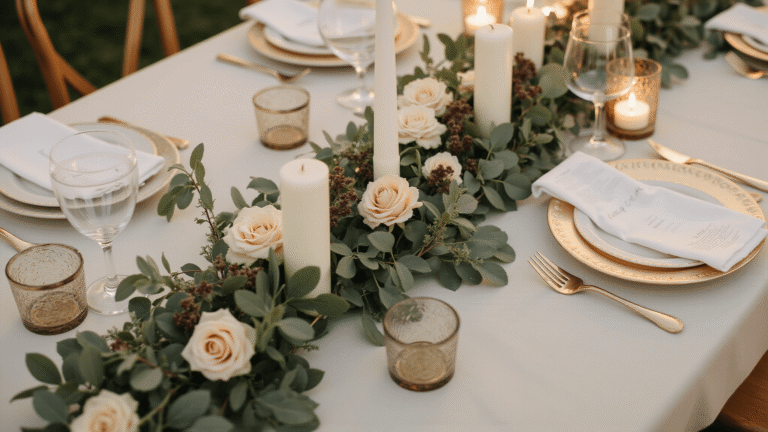 Eucalyptus Wedding Table Decor: The Greenery Game-Changer That'll Make Your Reception Unforgettable Elegant wedding reception table adorned with a lush eucalyptus garland, cream and blush roses, ivory candles, and gold-rimmed china, captured in warm golden hour light, creating a romantic and sophisticated atmosphere.