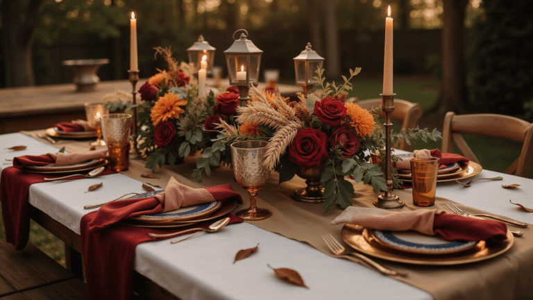 Fall Wedding Decor: Create Warm, Romantic Magic With Seasonal Style Cinematic overhead view of an opulent fall wedding tablescape featuring a burgundy velvet runner on ivory linen, deep burgundy roses, rust dahlias, and amber candles, with soft string lights and autumn leaves creating a warm, intimate atmosphere.