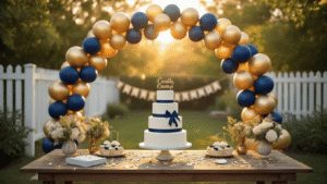 Graduation Balloons: Everything You Need to Know Before Your Big Day A sunlit backyard graduation party featuring a gold and navy balloon arch over a white fence, a three-tier white cake with navy ribbons, clusters of metallic graduation cap balloons, and warm golden hour lighting creating an inviting atmosphere.