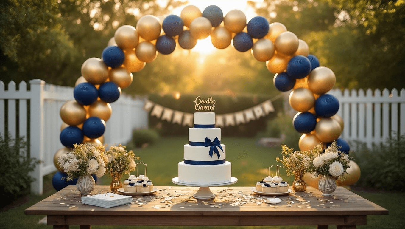 A sunlit backyard graduation party featuring a gold and navy balloon arch over a white fence, a three-tier white cake with navy ribbons, clusters of metallic graduation cap balloons, and warm golden hour lighting creating an inviting atmosphere.