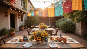 Hacienda Wedding Decor: Creating That Magical Mexican Fiesta Vibe Your Guests Won't Forget Cinematic overhead shot of a rustic hacienda wedding reception featuring warm amber sunlight, vibrant papel picado banners, hand-painted Talavera pottery, Edison bulb string lights, terracotta pots with greenery and marigolds, and vintage candleholders, all creating an intimate and inviting atmosphere.