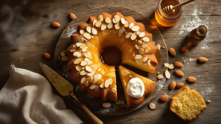 Honey Almond Cake That'll Make Your Kitchen Smell Like Heaven Cinematic overhead shot of a golden honey almond cake drizzled with honey syrup on rustic wood, with toasted almonds, steam rising, and vintage serving items nearby.