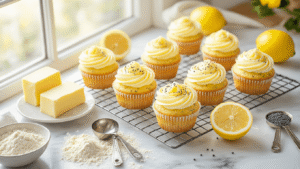 Lemon Poppy Seed Cupcakes with Lemon Curd Filling Overhead shot of golden lemon poppy seed cupcakes on a white marble countertop, surrounded by soft butter, fresh lemons, scattered poppy seeds, and measuring spoons, with warm natural light creating a cozy kitchen atmosphere.