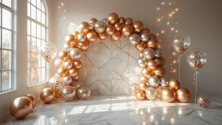How I Transformed My Party Space with Foil Balloons (And You Can Too) Overhead view of an elegant party space with shimmering gold, rose gold, and silver foil balloons arranged in geometric patterns on white marble floors, illuminated by warm ambient lighting and fairy lights, reflecting golden hour sunlight.