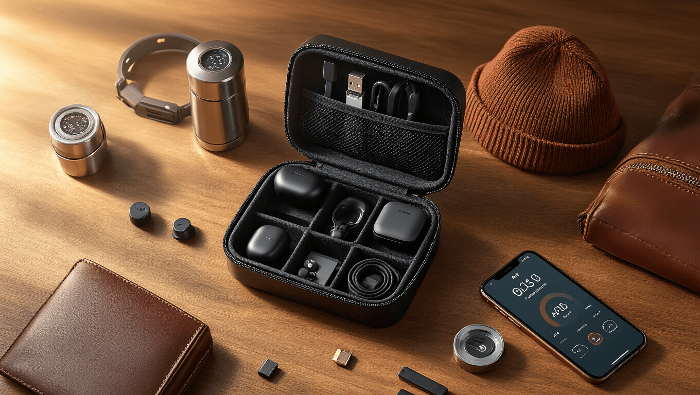 Cinematic overhead shot of a black electronics organizer on a walnut wood surface, containing wireless earbuds, charging cables, and USB adapters, with a stainless steel meat thermometer, rechargeable headlamp beanie, and smartphone nearby, all illuminated by warm golden hour lighting.