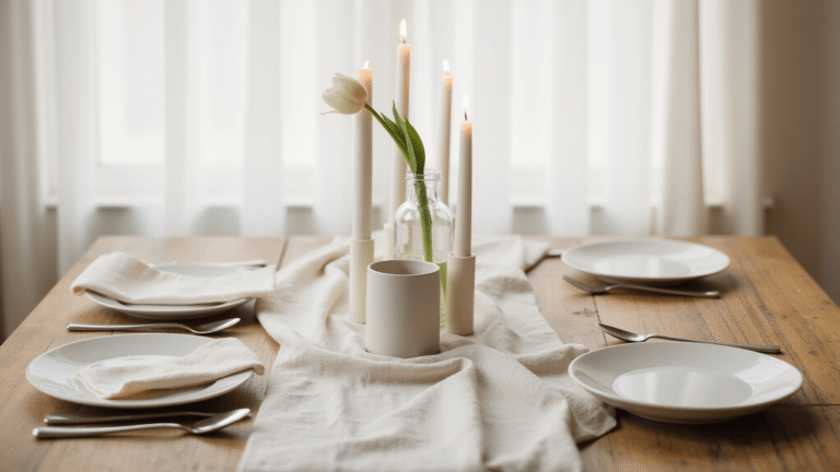 Minimal Wedding Decor: Creating Maximum Impact With Less Cinematic overhead shot of a minimalist wedding reception tablescape featuring a cream linen runner, a single white tulip in a glass vase, simple white dinnerware, flickering pillar candles, and soft natural daylight filtering through sheer curtains, evoking calm elegance and sophistication.