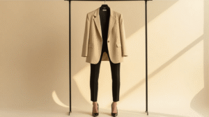 How to Style Oversized Blazers Without Looking Frumpy Oversized beige blazer on a clothing rack, paired with fitted black pants and heels, styled on a clean cream background with warm lighting, showcasing textile details in an elegant fashion editorial aesthetic.