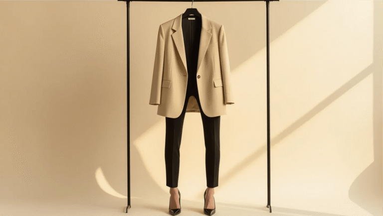 How to Style Oversized Blazers Without Looking Frumpy Oversized beige blazer on a clothing rack, paired with fitted black pants and heels, styled on a clean cream background with warm lighting, showcasing textile details in an elegant fashion editorial aesthetic.