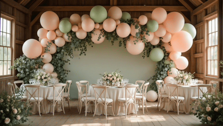 Pastel Balloons: How I Transform Ordinary Spaces Into Instagram-Worthy Celebrations Ultra-detailed pastel balloon wedding reception in a rustic barn, featuring soft pink and sage green balloons, eucalyptus garlands, elegant white chairs, marble-topped tables with gold-rimmed glassware, and ivory rose petals on wooden floors, all illuminated by warm sunlight for a romantic atmosphere.