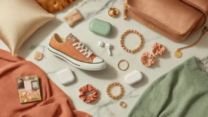 The Girl Gift Guide I Wish I Had Years Ago (Because I've Wrapped Way Too Many Wrong Things) Cinematic flat lay of a curated gift collection featuring trendy accessories like customizable Chuck Taylor sneakers, aesthetic fidget toys, and Lululemon belt bag, arranged on marble and velvet surfaces with warm golden hour lighting and a pastel color palette.