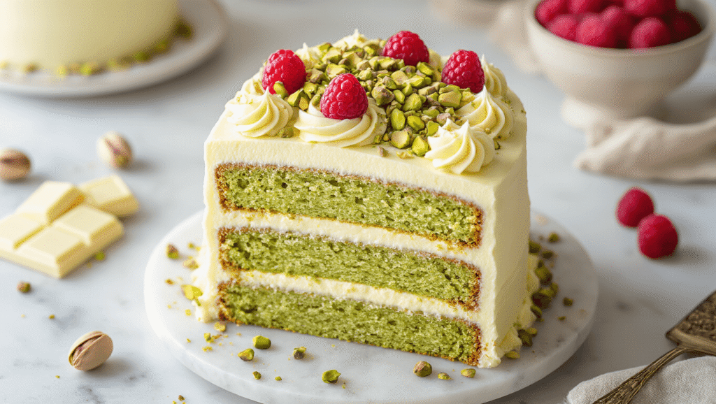 Pistachio White Chocolate Cake: Moist, Nutty, and Naturally Green Cinematic overhead shot of a layered pistachio white chocolate cake with visible green sponge layers and creamy buttercream, adorned with chopped pistachios and white chocolate shavings, set on a rustic marble surface in warm golden hour lighting, featuring a vintage cake server and ground pistachio powder, topped with fresh raspberries for an inviting homemade touch.