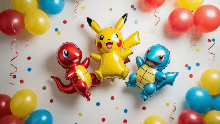 Pokemon Balloons: Everything You Need to Know About Decorating Your Party With These Pocket Monsters Cinematic overhead shot of a colorful Pokemon-themed balloon arrangement featuring Pikachu, Charmander, and Squirtle character balloons on a clean white surface, surrounded by vibrant latex balloons and Pokeball-patterned confetti, illuminated by warm natural lighting.