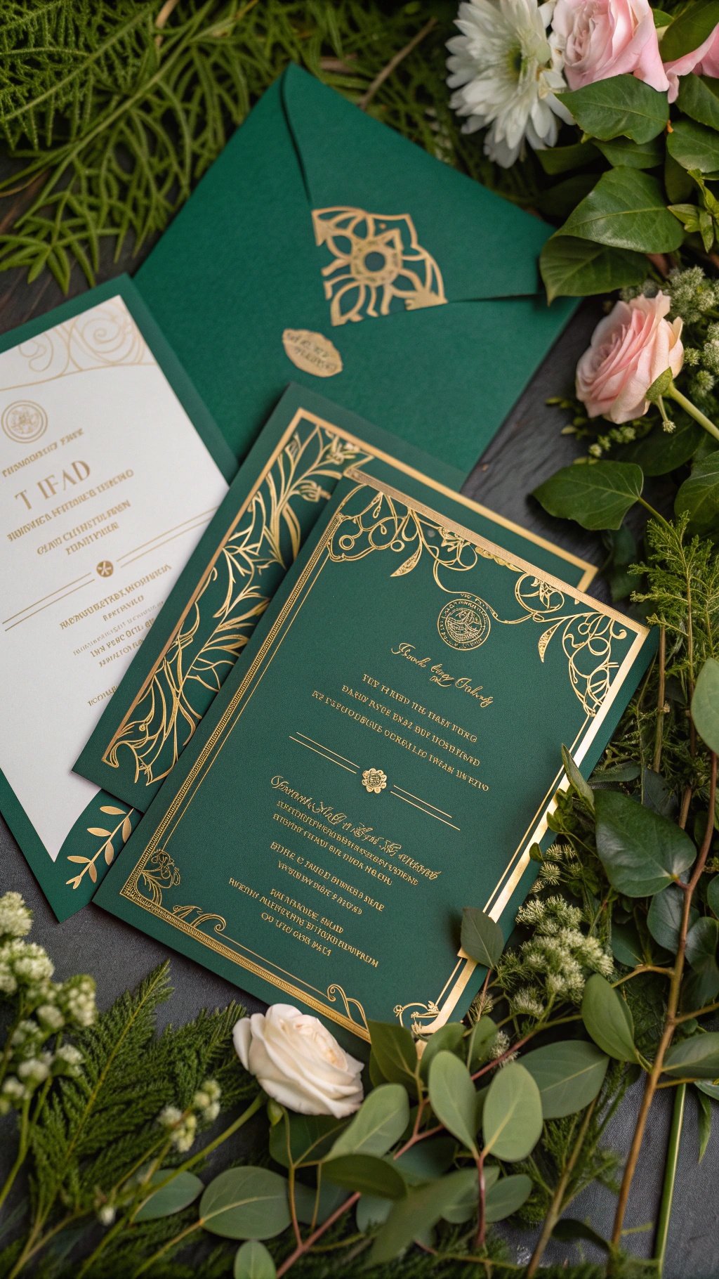 19 Stunning Emerald Green Wedding Ideas for an Enchanting Celebration Emerald green wedding invitations with gold accents and floral decorations. Emerald Green Wedding