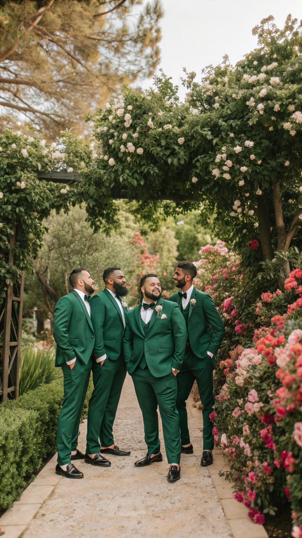 19 Stunning Emerald Green Wedding Ideas for an Enchanting Celebration Groomsmen in emerald green suits posing in a garden