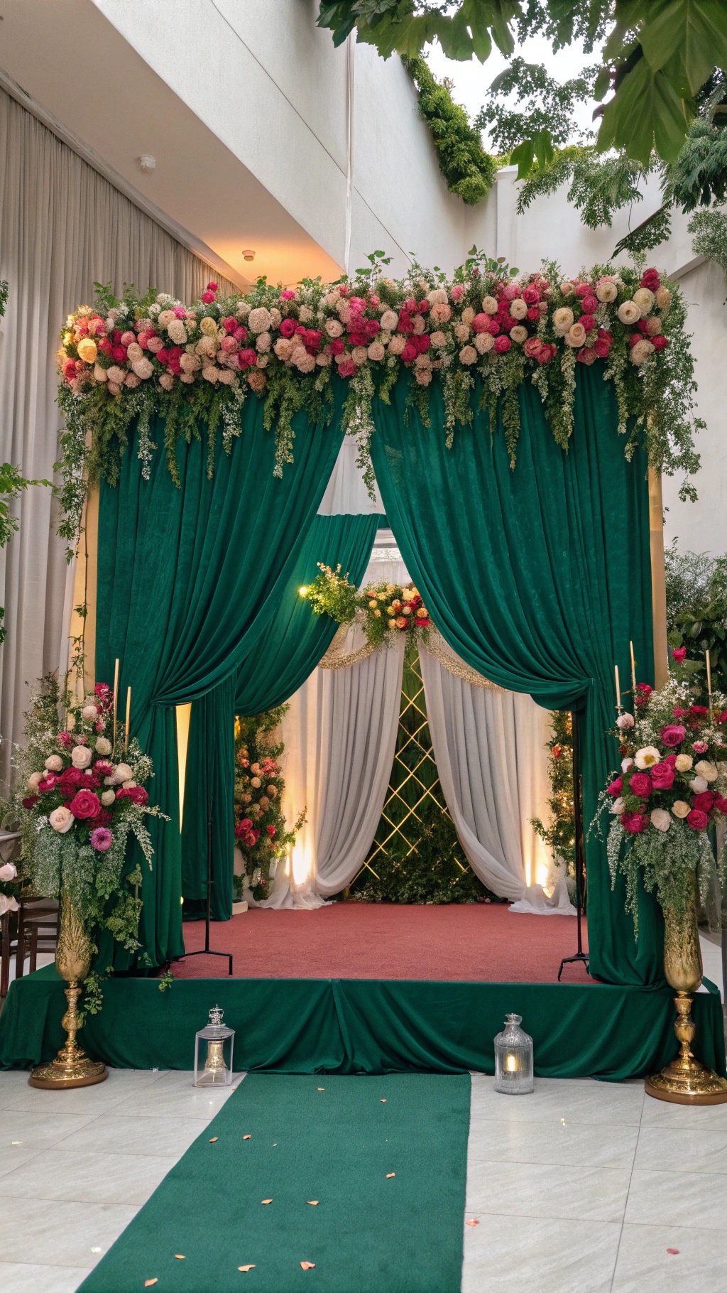 19 Stunning Emerald Green Wedding Ideas for an Enchanting Celebration Emerald green wedding ceremony backdrop with floral arrangements