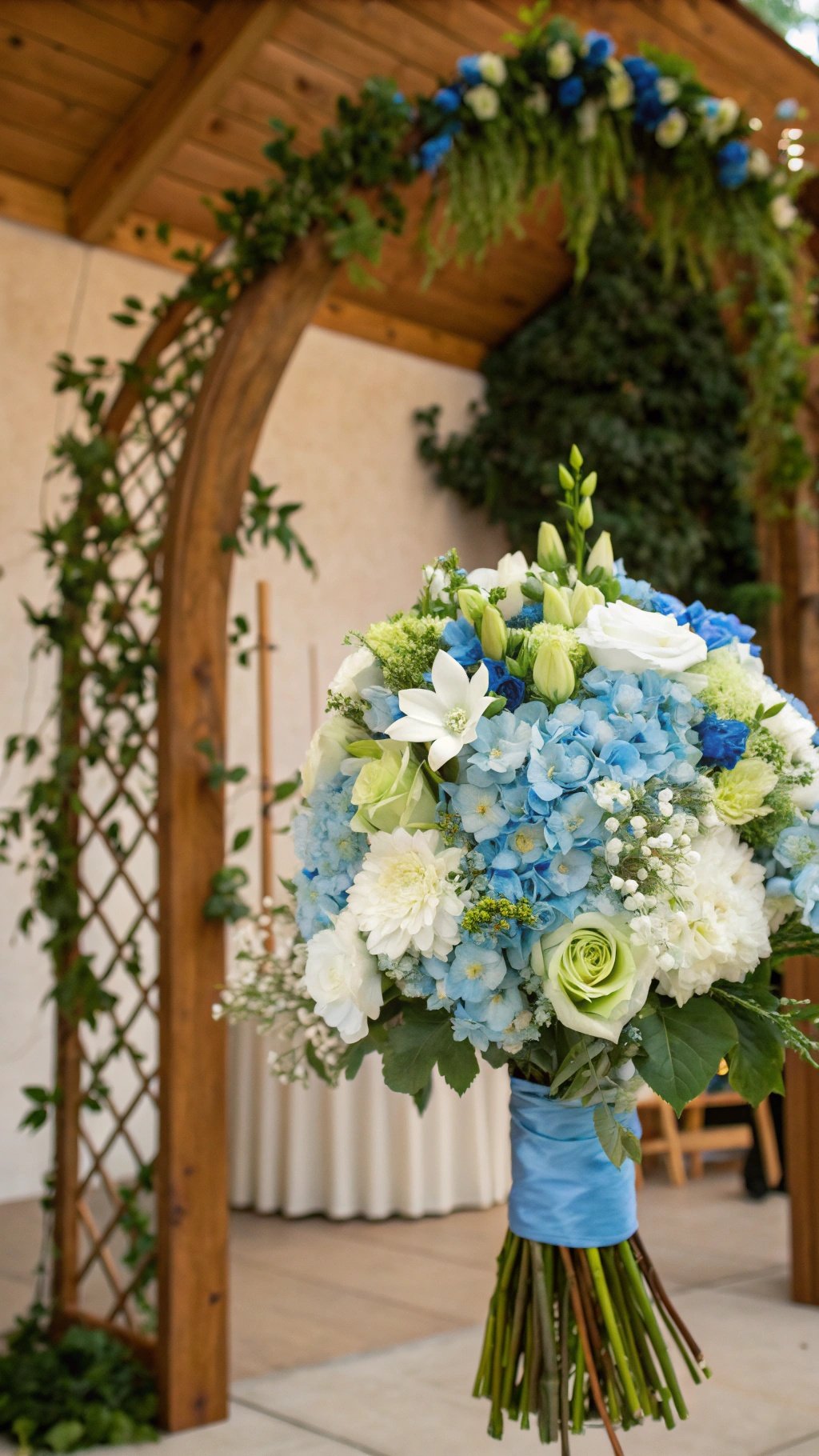 16 Stunning Baby Blue Wedding Ideas for Your Dream Day A beautiful bouquet of baby blue flowers with white accents, tied with a blue ribbon, in front of a floral arch.