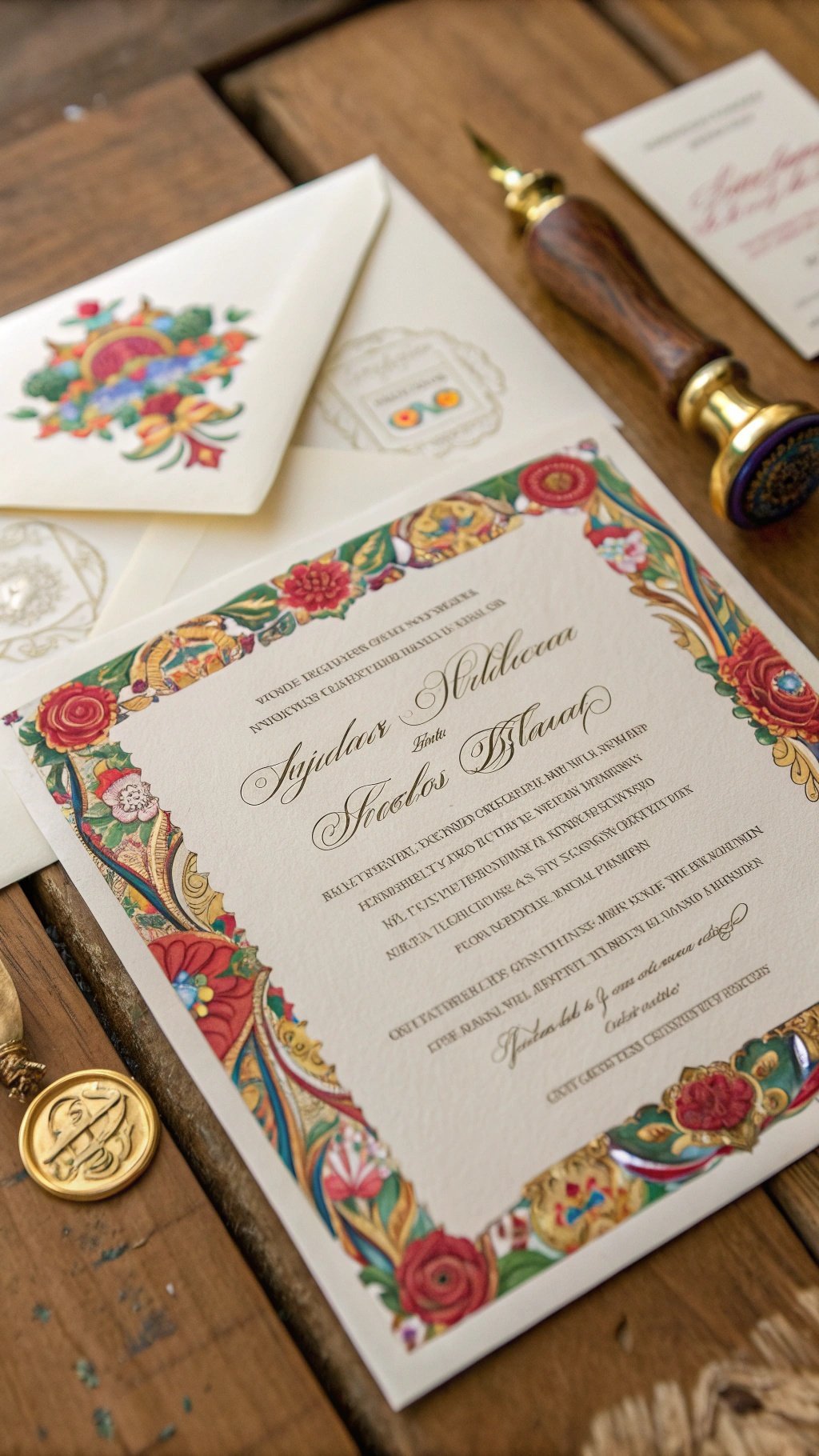 17 Timeless Elements of an Elegant Old Money Wedding A traditional wedding invitation with intricate floral designs and elegant script, accompanied by a decorative envelope and a wax seal. Old Money Wedding