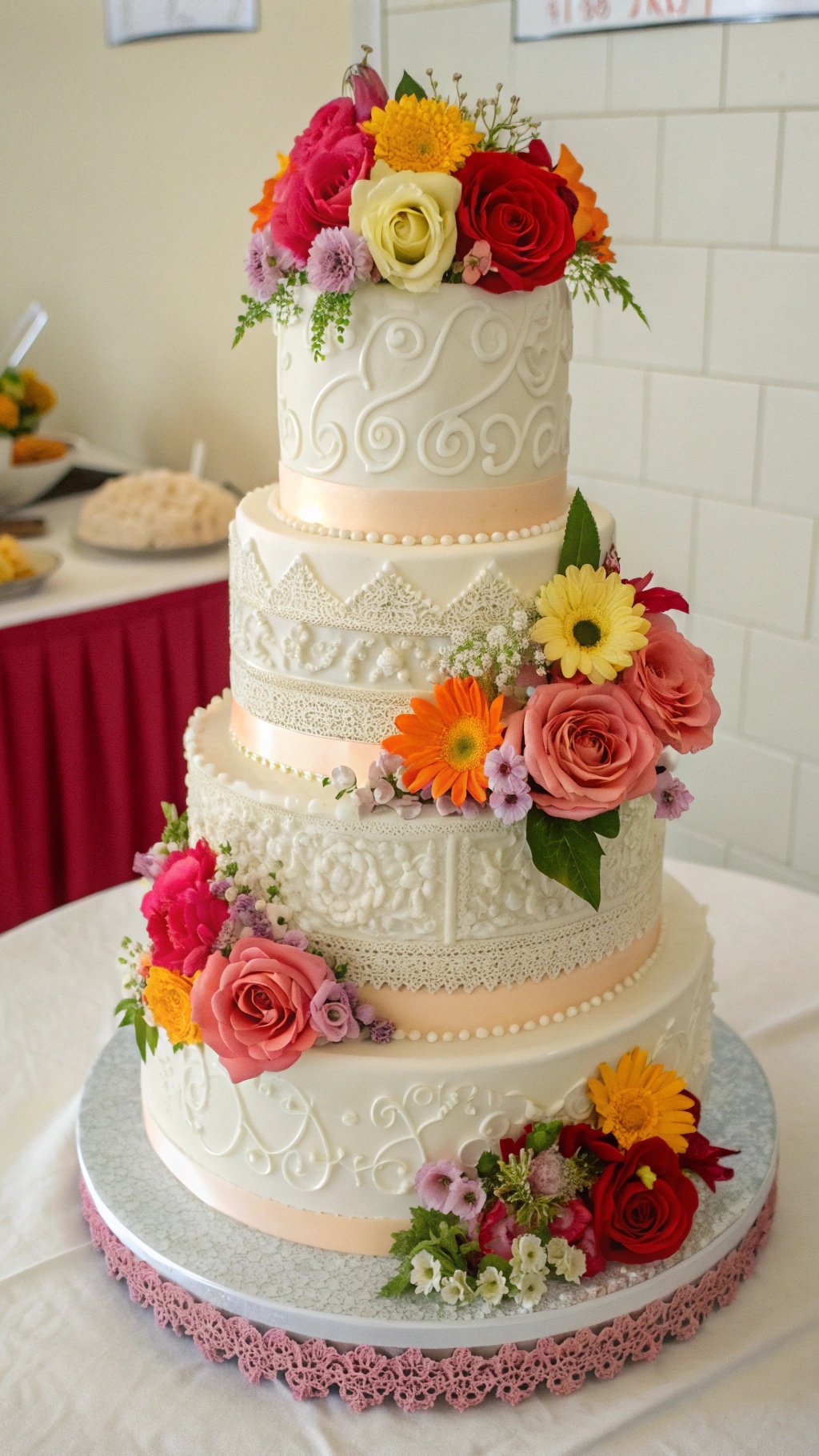 17 Timeless Elements of an Elegant Old Money Wedding A three-tiered wedding cake decorated with flowers and lace patterns.
