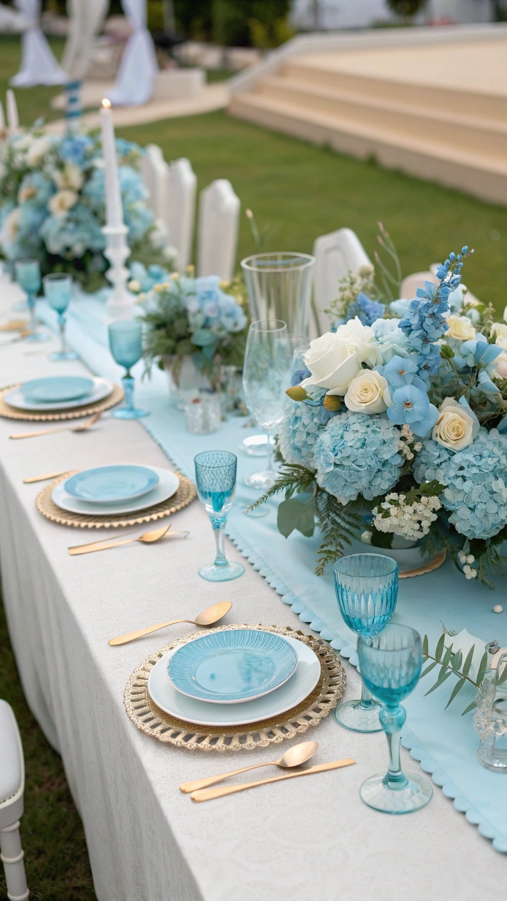 16 Stunning Baby Blue Wedding Ideas for Your Dream Day A beautifully arranged wedding table featuring baby blue decor, floral arrangements, and elegant tableware.