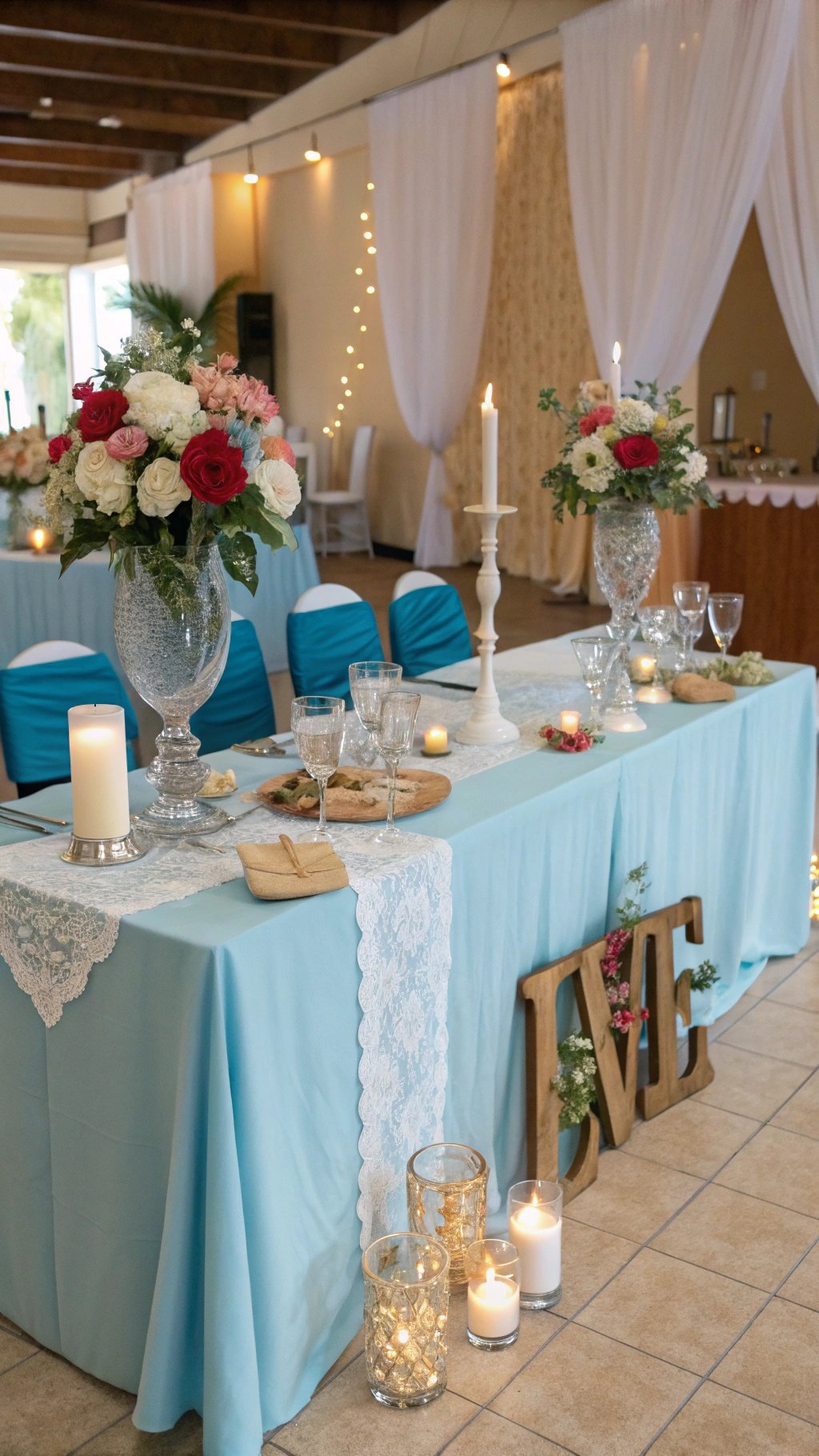 16 Stunning Baby Blue Wedding Ideas for Your Dream Day Elegant baby blue wedding table decor with floral arrangements and candles