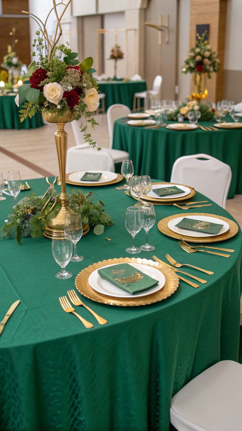 19 Stunning Emerald Green Wedding Ideas for an Enchanting Celebration Elegant emerald green wedding table setting with gold accents and floral arrangements.
