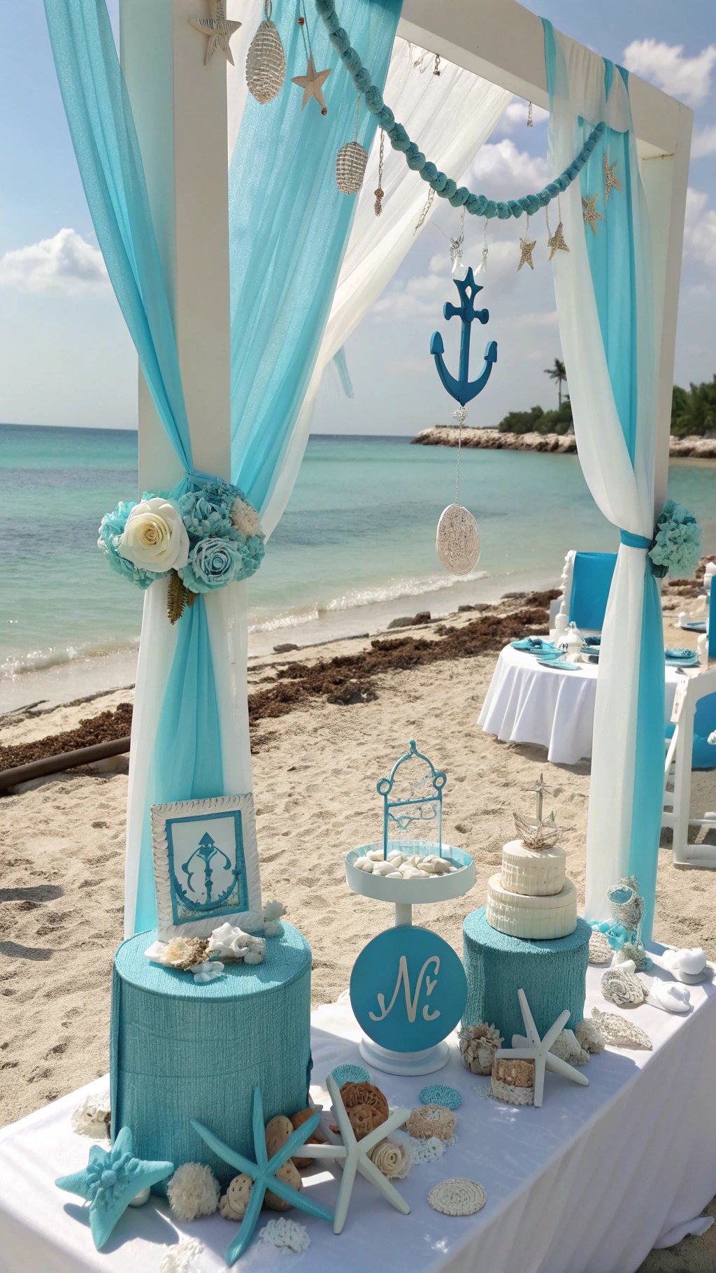 16 Stunning Baby Blue Wedding Ideas for Your Dream Day A beautiful beach wedding setup with baby blue decorations, an anchor, and seashells.