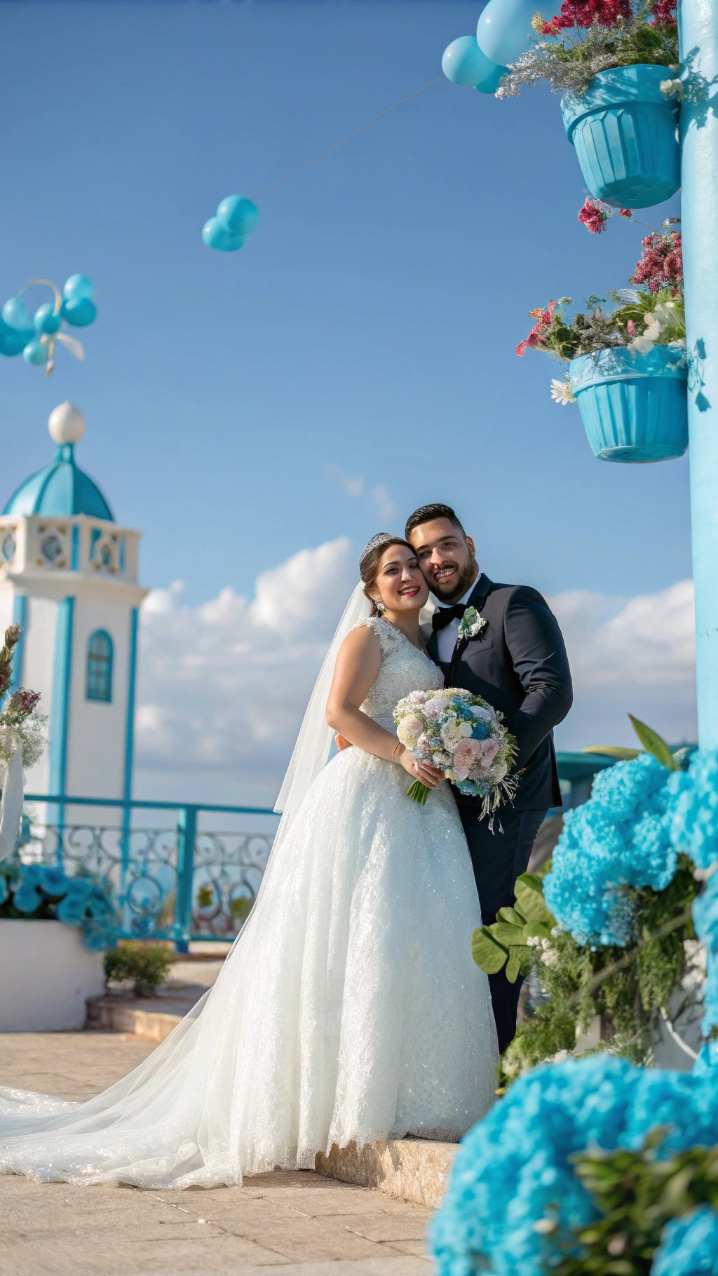 16 Stunning Baby Blue Wedding Ideas for Your Dream Day A couple in a baby blue themed wedding setting, with blue decorations and flowers.