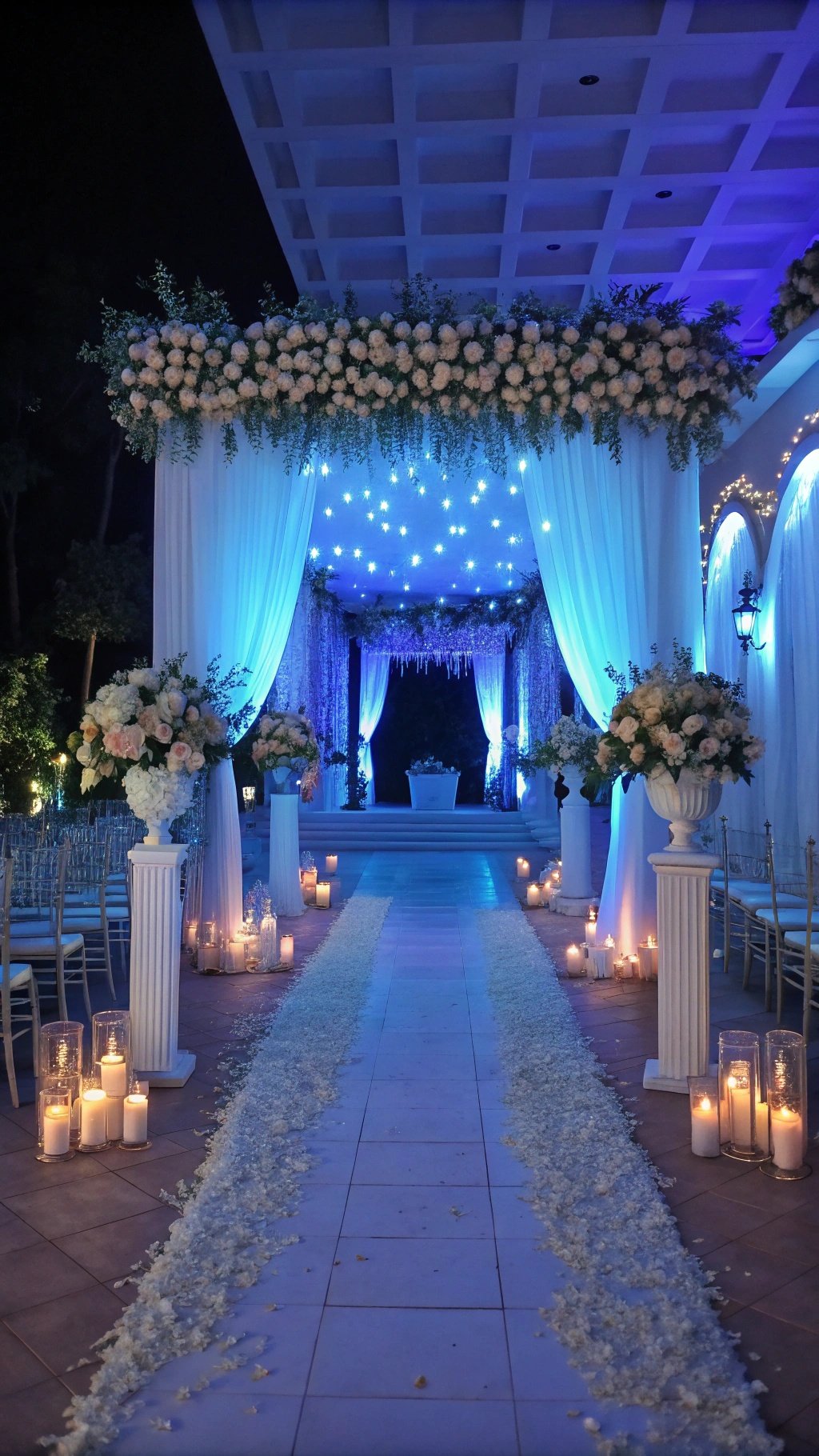 16 Stunning Baby Blue Wedding Ideas for Your Dream Day A beautifully lit wedding aisle with blue lighting, floral arrangements, and candles.