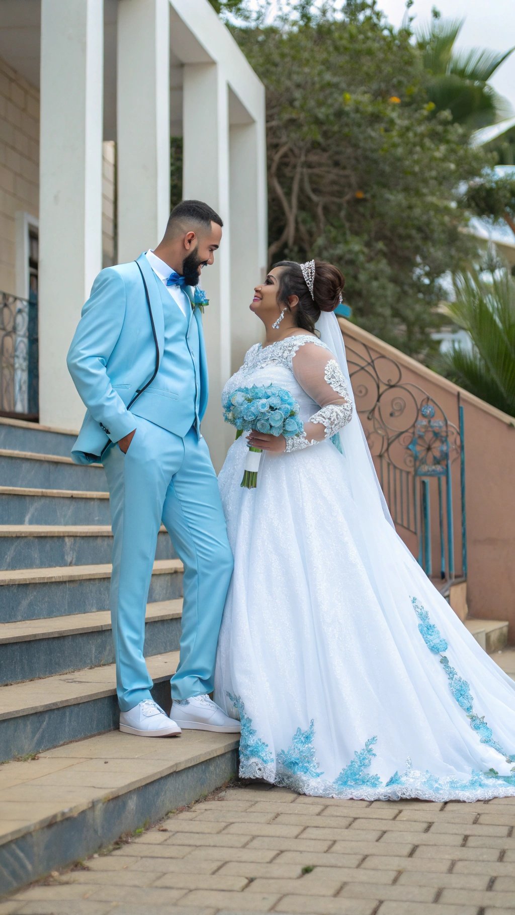16 Stunning Baby Blue Wedding Ideas for Your Dream Day A couple in baby blue wedding attire, with the groom in a light blue suit and the bride in a white gown with baby blue accents.