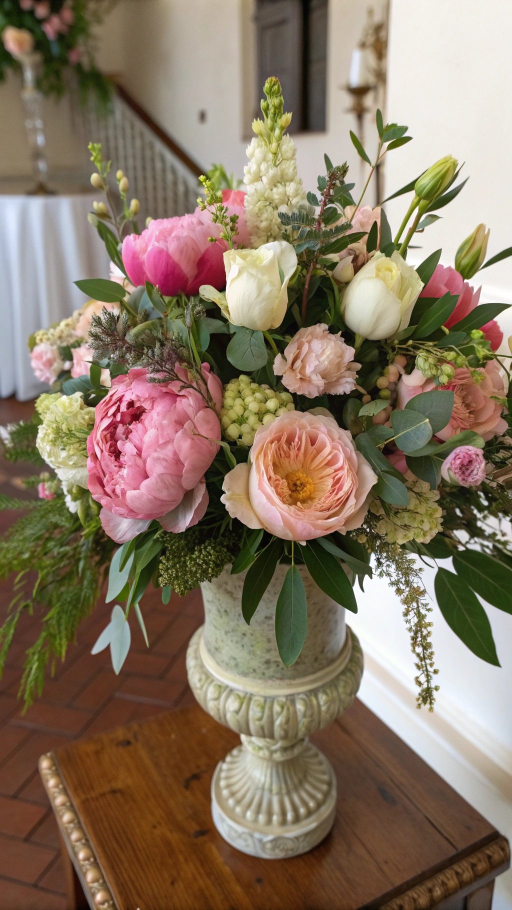 17 Timeless Elements of an Elegant Old Money Wedding A beautiful floral arrangement featuring peonies, roses, and greenery in an ornate vase.