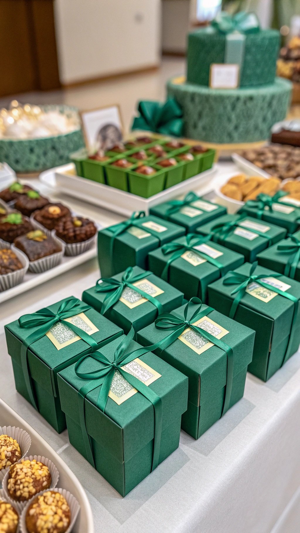 19 Stunning Emerald Green Wedding Ideas for an Enchanting Celebration Emerald green wedding favor boxes with ribbons and treats