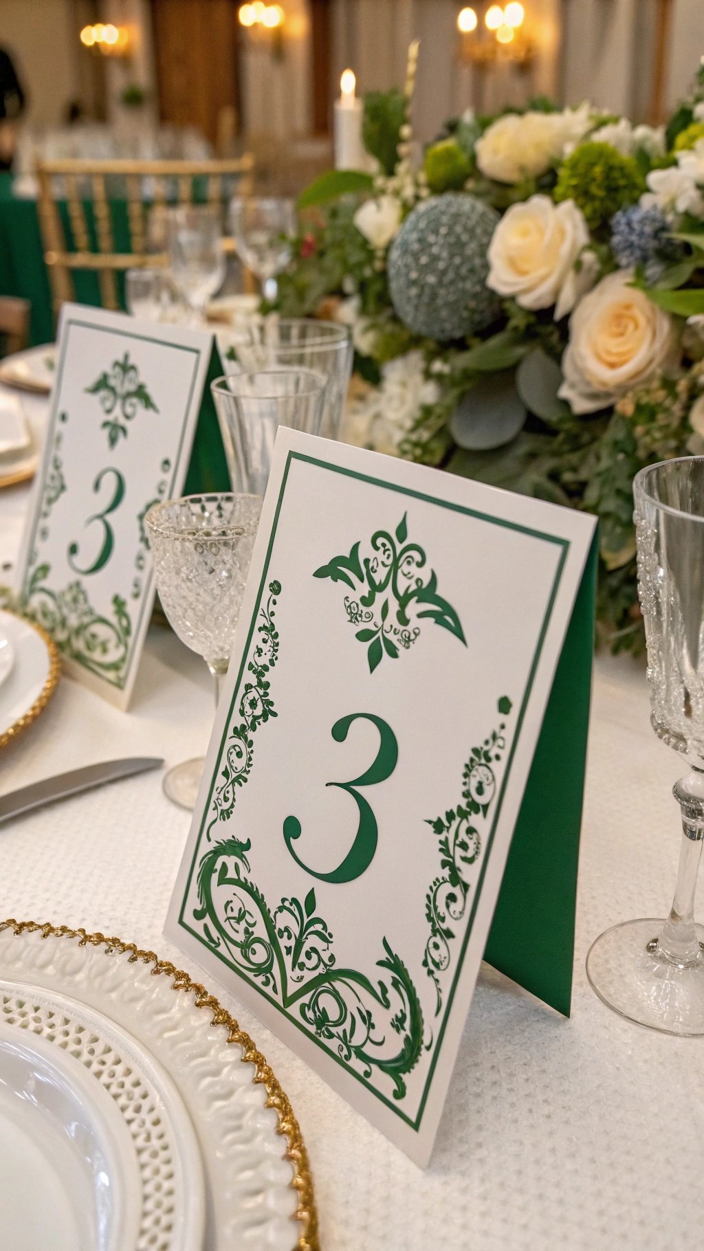 19 Stunning Emerald Green Wedding Ideas for an Enchanting Celebration Elegant emerald green table numbers with intricate designs on a beautifully set table.