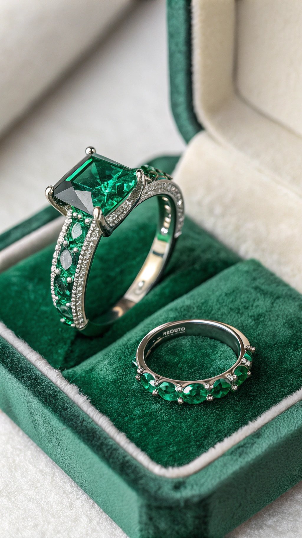 19 Stunning Emerald Green Wedding Ideas for an Enchanting Celebration Two emerald green wedding rings on a green velvet background