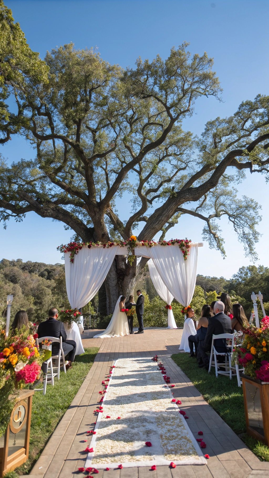 17 Timeless Elements of an Elegant Old Money Wedding An outdoor wedding ceremony under a large tree with floral decorations and guests seated.