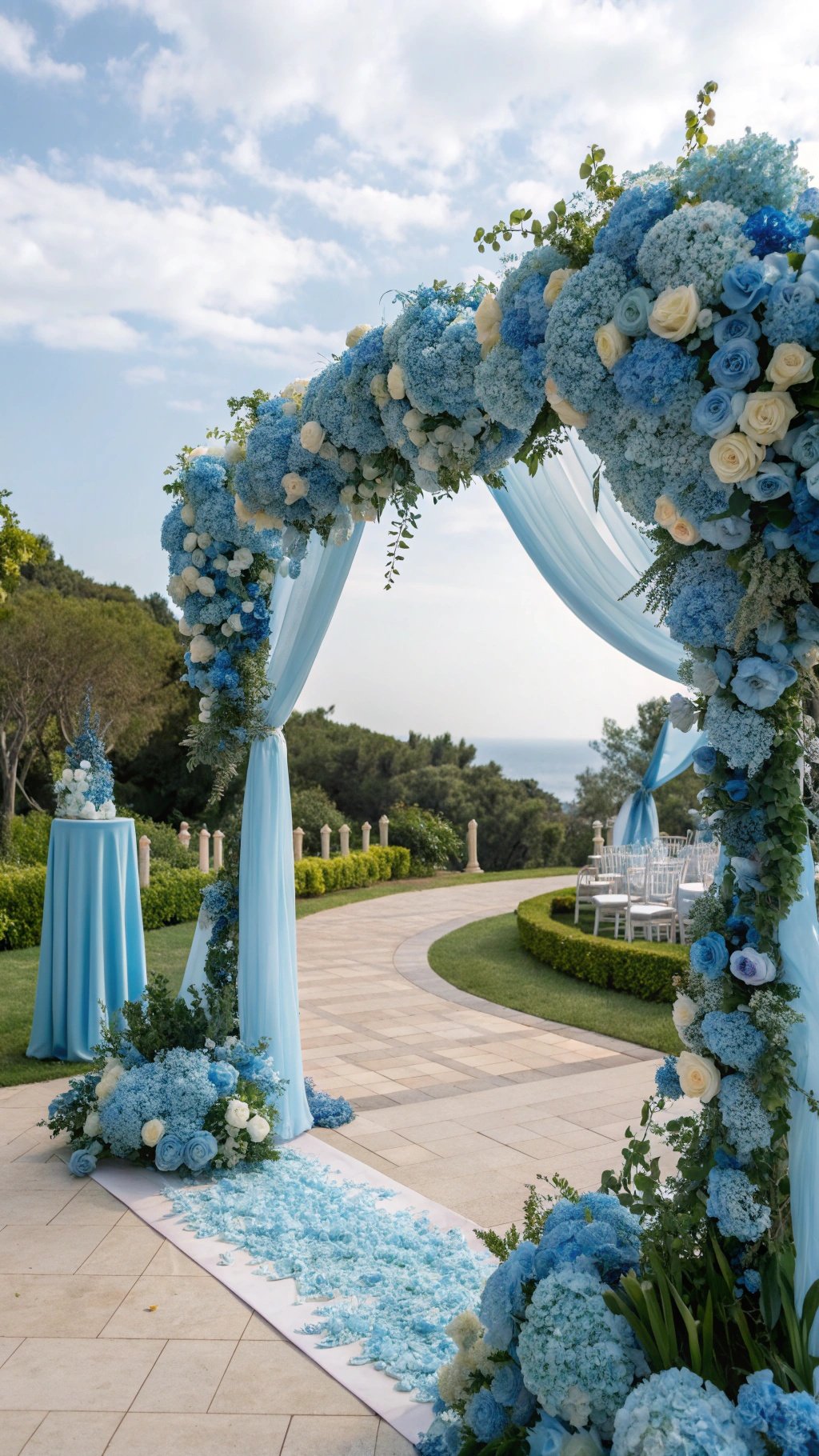 16 Stunning Baby Blue Wedding Ideas for Your Dream Day A beautiful wedding arch decorated with blue and white flowers, set in an outdoor venue with a pathway lined with blue petals.