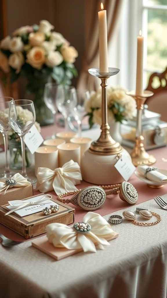 17 Timeless Elements of an Elegant Old Money Wedding Table displaying beautifully arranged wedding favors including sweets and ornate boxes.