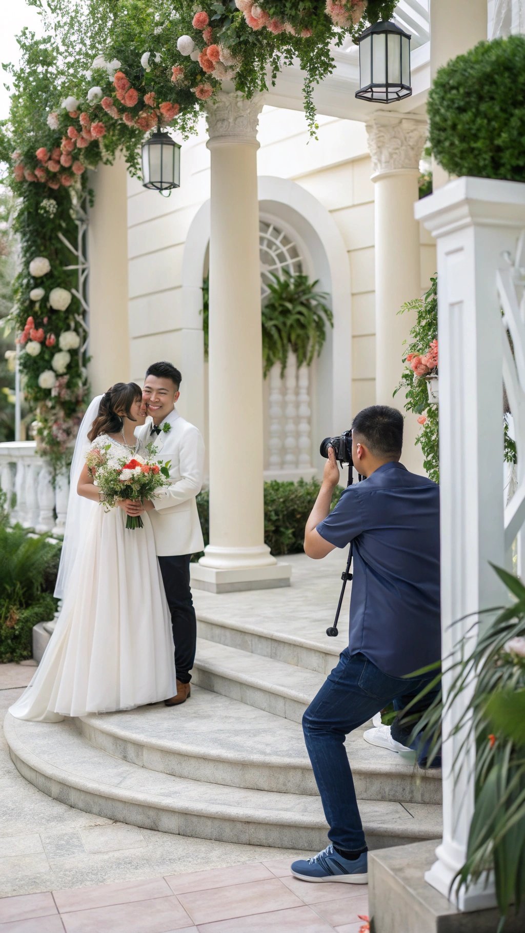 17 Timeless Elements of an Elegant Old Money Wedding A couple embracing at their wedding, surrounded by flowers and a photographer capturing the moment.