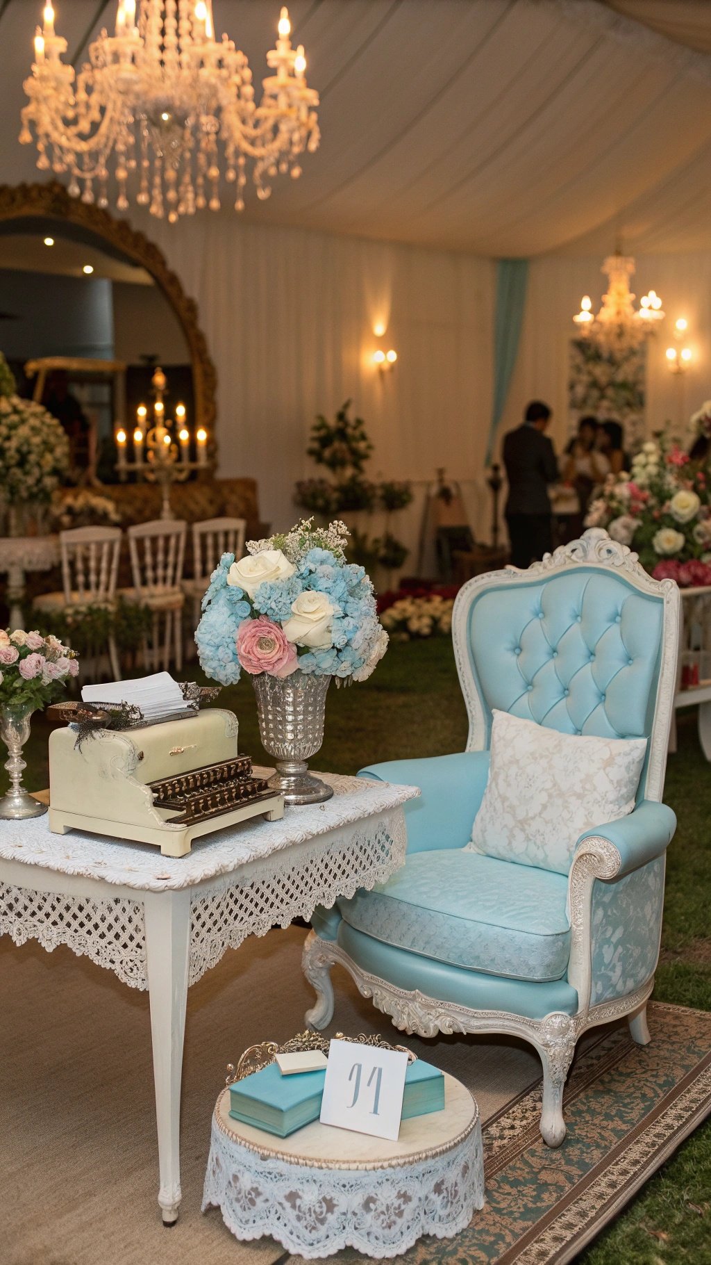 16 Stunning Baby Blue Wedding Ideas for Your Dream Day A vintage wedding setup featuring a baby blue armchair, a typewriter, and floral arrangements in shades of blue and pink.