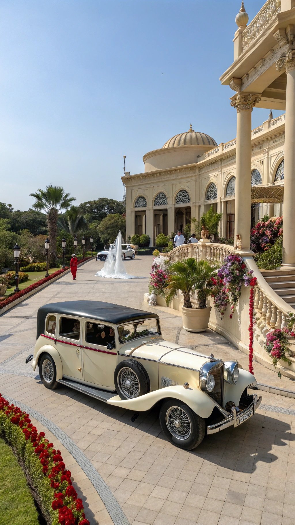 17 Timeless Elements of an Elegant Old Money Wedding A vintage car parked outside a grand venue, surrounded by lush gardens and elegant architecture.