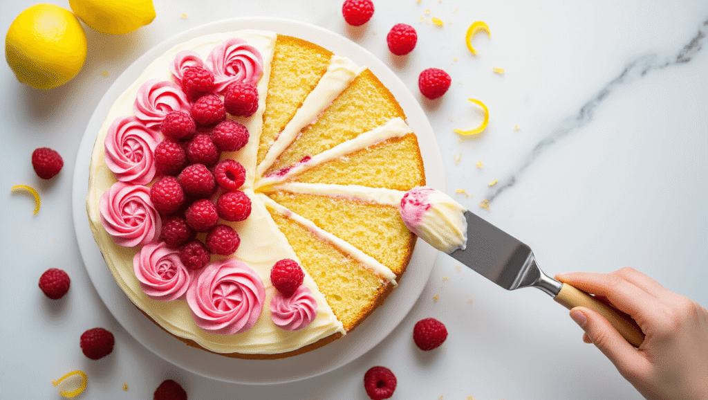 Raspberry Lemon Cake That'll Make Your Taste Buds Dance Cinematic overhead view of an elegant raspberry lemon cake with vibrant pink swirls and fluffy cream cheese frosting, adorned with fresh raspberries and lemon zest, set on a white marble surface with soft natural lighting and inviting bakery ambiance.