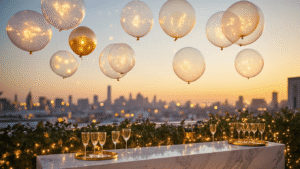 Light Up Balloons: Everything You Need to Know Before Your Next Party Cinematic rooftop party at golden hour, featuring luminous bobo balloons and elegant decor with a blurred city skyline backdrop.