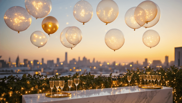 Light Up Balloons: Everything You Need to Know Before Your Next Party Cinematic rooftop party at golden hour, featuring luminous bobo balloons and elegant decor with a blurred city skyline backdrop.