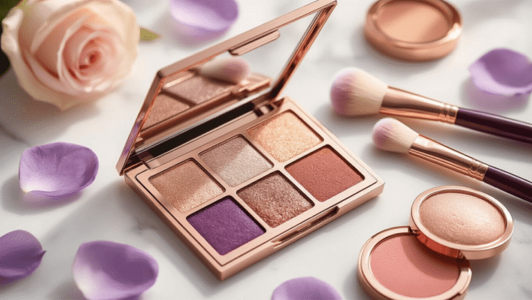 The Ultimate Guide to Wedding Makeup for Green Eyes That'll Make You Look Absolutely Stunning Elegant rose gold eyeshadow palette open on a white marble surface, surrounded by soft makeup brushes, purple flower petals, and peachy-pink blush compacts, with diffused natural light creating a romantic glow.