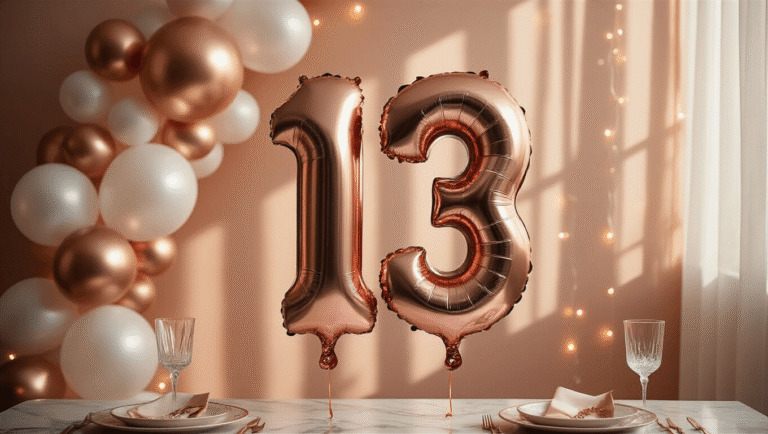 Number 13 Foil Mylar Balloons: Everything You Need to Know for Your Big Celebration A luxurious 40-inch rose gold number 13 foil balloon floats against a warm blush backdrop, surrounded by white and gold latex balloons, with soft golden hour lighting creating dramatic shadows, a marble dining table adorned with crystal champagne glasses, and delicate fairy lights twinkling in the background, all contributing to an elegant and intimate celebratory atmosphere.