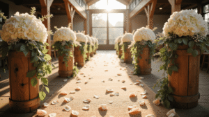 Wedding Aisle Decor Ideas: Transform Your Ceremony With These Stunning Designs Cinematic wide-angle shot of a rustic barn wedding aisle adorned with white hydrangeas, eucalyptus, and blush rose petals, illuminated by soft golden morning sunlight, featuring weathered wooden pedestals, a jute burlap runner, and vintage wooden chairs in the background, evoking a romantic and elegant atmosphere.