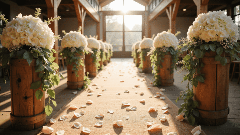 Wedding Aisle Decor Ideas: Transform Your Ceremony With These Stunning Designs Cinematic wide-angle shot of a rustic barn wedding aisle adorned with white hydrangeas, eucalyptus, and blush rose petals, illuminated by soft golden morning sunlight, featuring weathered wooden pedestals, a jute burlap runner, and vintage wooden chairs in the background, evoking a romantic and elegant atmosphere.