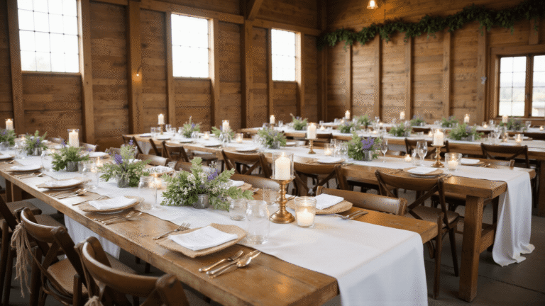 Planning Wedding Decorations That Actually Wow Your Guests A warm, rustic farmhouse wedding reception in a barn, showcasing long wooden tables adorned with ivory linens, wildflower mason jar centerpieces, vintage candles, and greenery garlands, illuminated by golden hour sunlight.